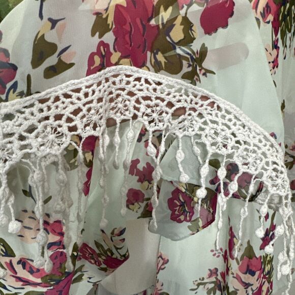 Boho Fringe Cardigan Floral Women’s Open Kimono Sheer Coverup Colorful One Size - Picture 6 of 12